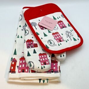 NEW Kate Spade New York Christmas Set Kitchen Towel Oven Mitt & Pot Holder GIFT